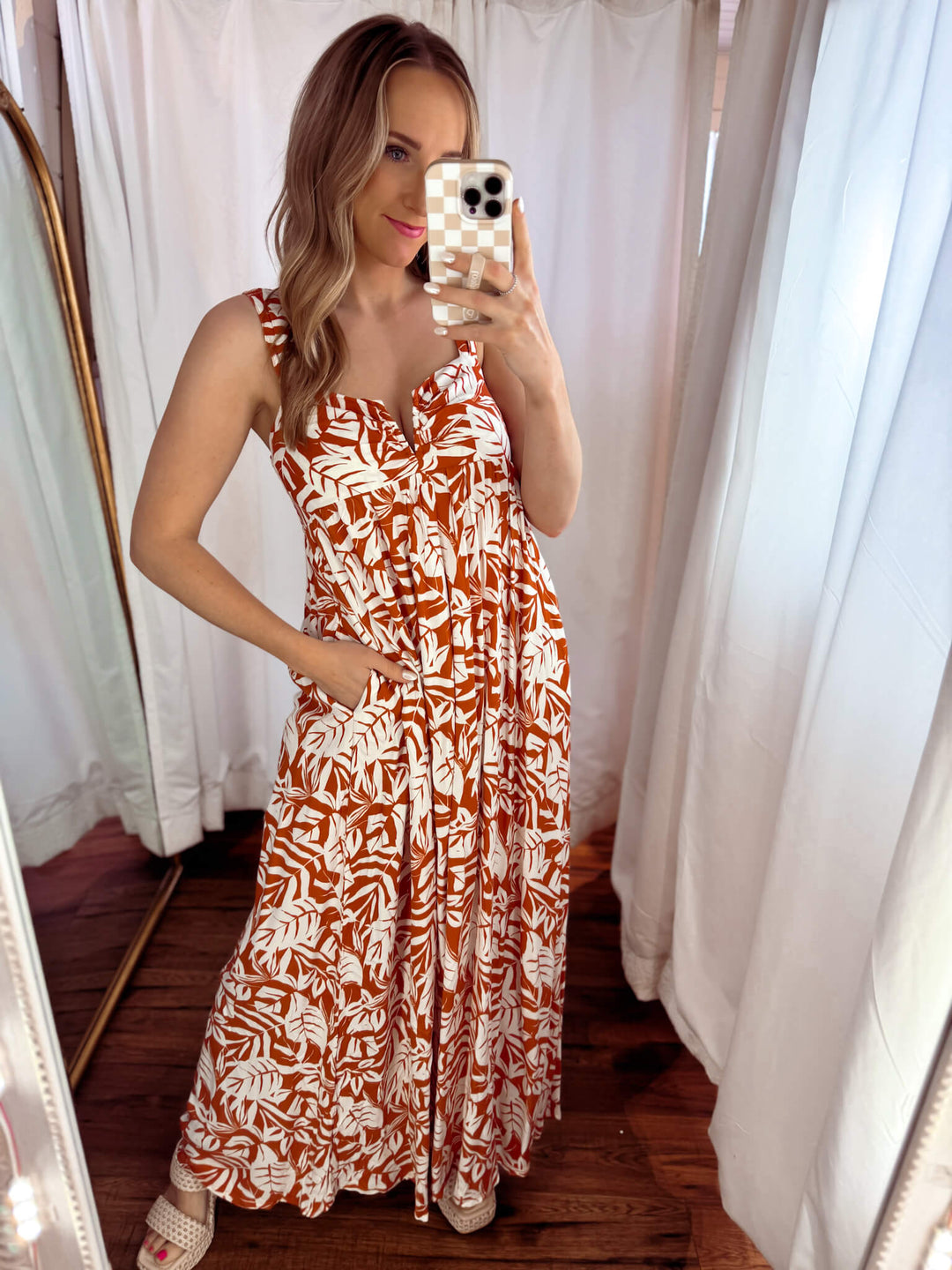 Rust Floral Midi Baby Doll Dress