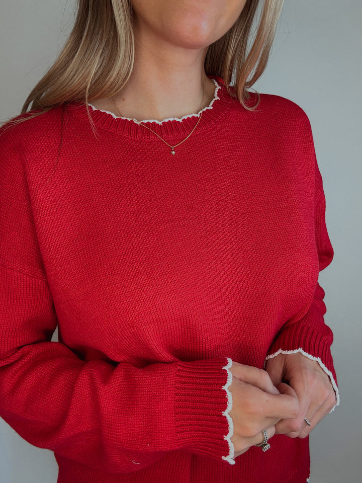 Red Scalloped Hem Sweater