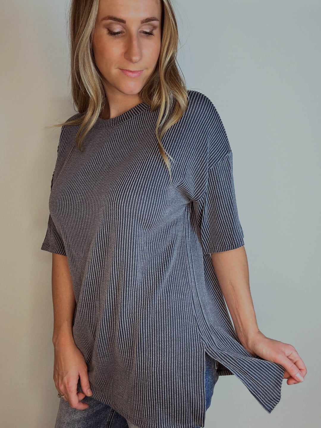Blue Half Sleeve Ribbed Top