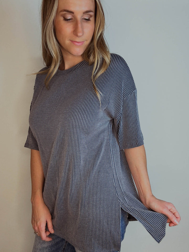 Blue Half Sleeve Ribbed Top