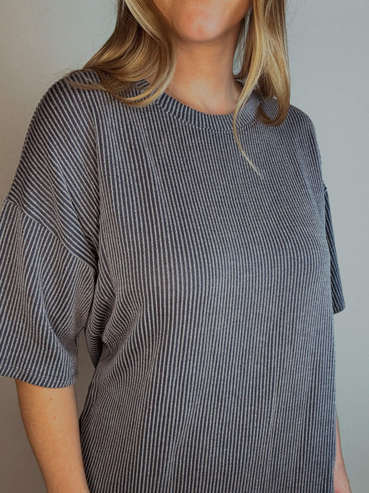 Blue Half Sleeve Ribbed Top