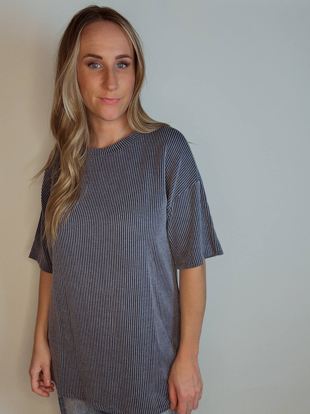 Blue Half Sleeve Ribbed Top