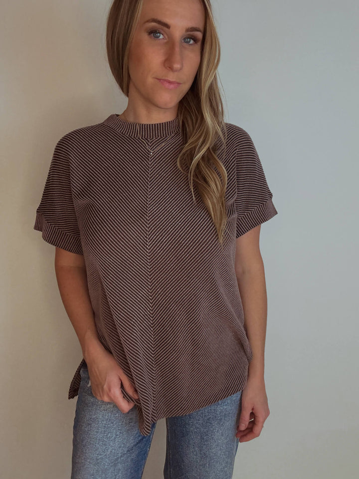 Brown Ribbed Short Sleeve Top
