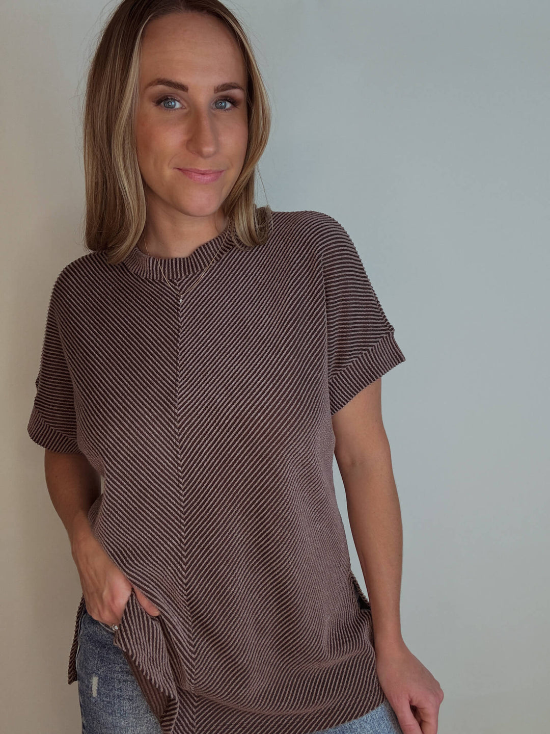 Brown Ribbed Short Sleeve Top