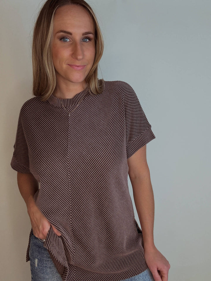 Brown Ribbed Short Sleeve Top