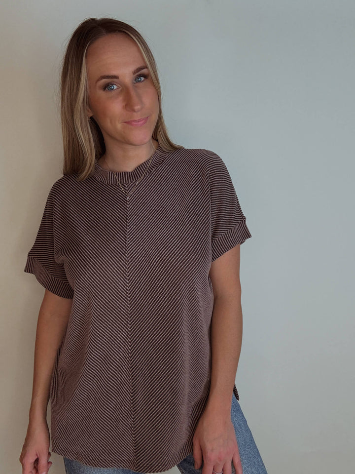 Brown Ribbed Short Sleeve Top