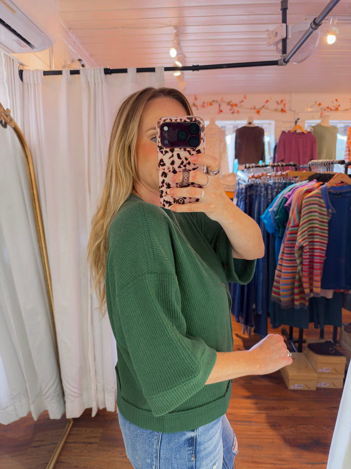 Waffle Knit Short Sleeve Cardigan