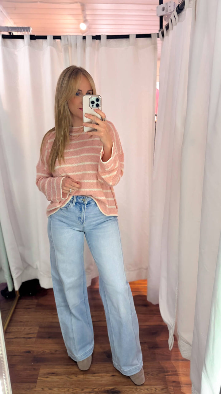 High Rise Light Wash Side Panel Wide Leg Jeans