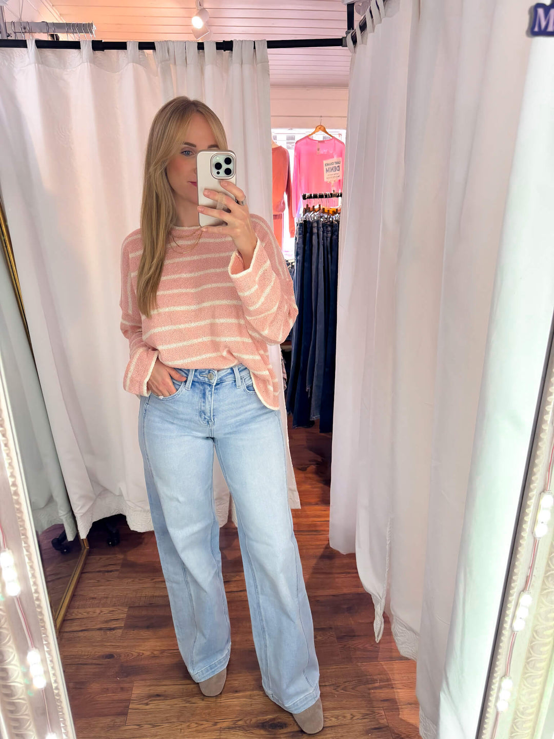 High Rise Light Wash Side Panel Wide Leg Jeans
