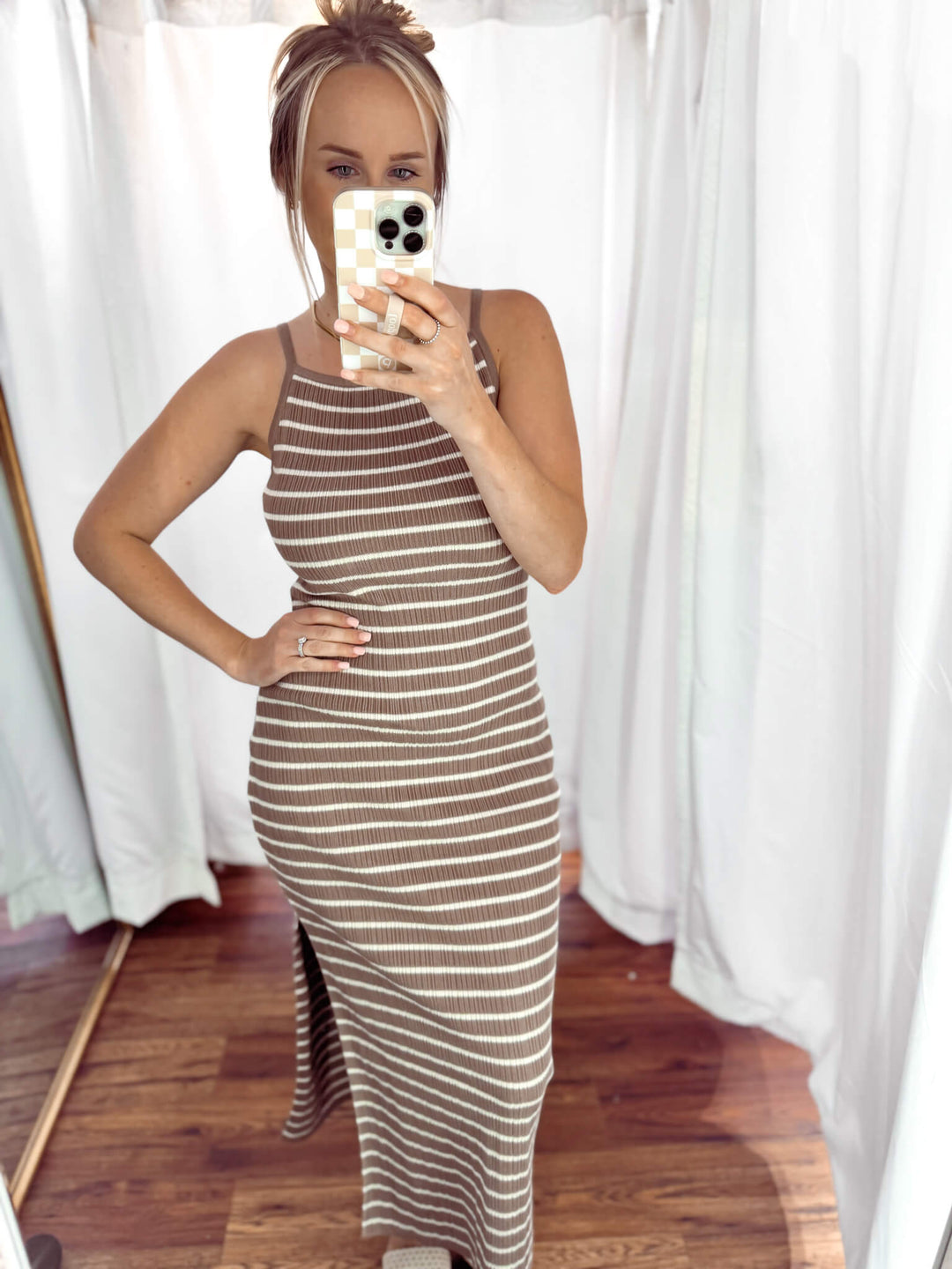 Casual Chic Ribbed Stripe Midi Dress