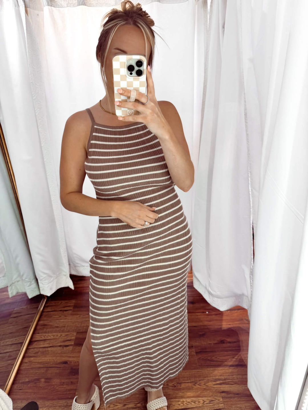 Casual Chic Ribbed Stripe Midi Dress