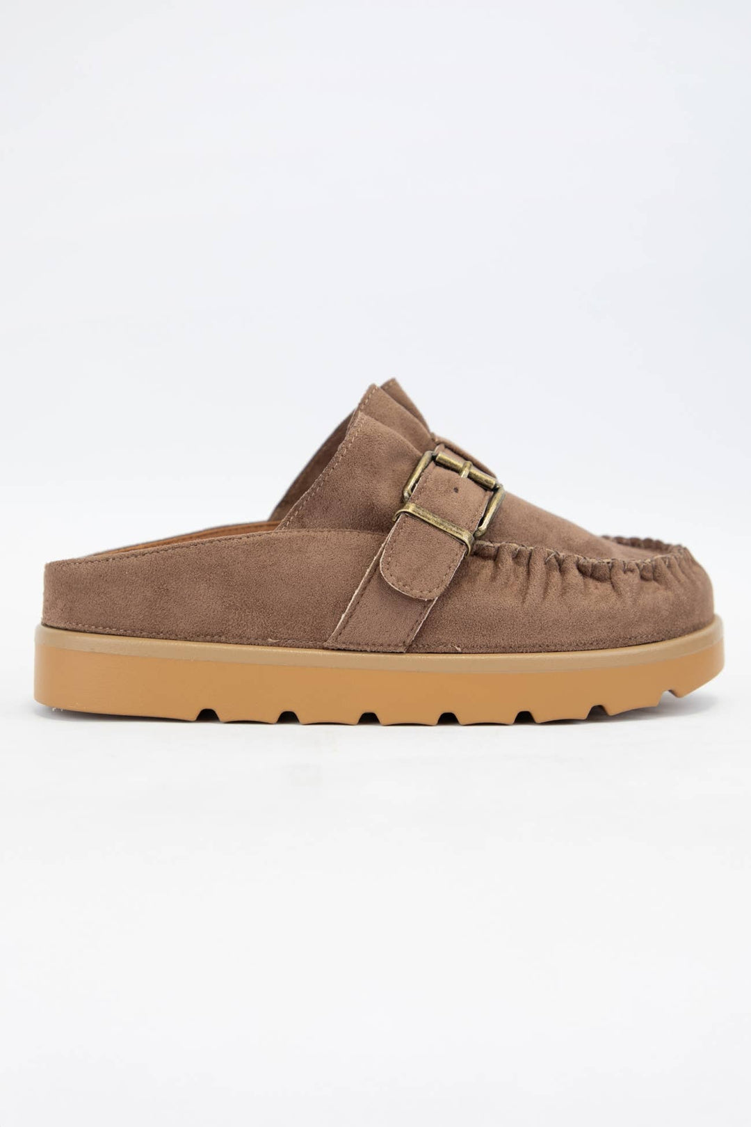 brown moccasin slipper mule with a buckle