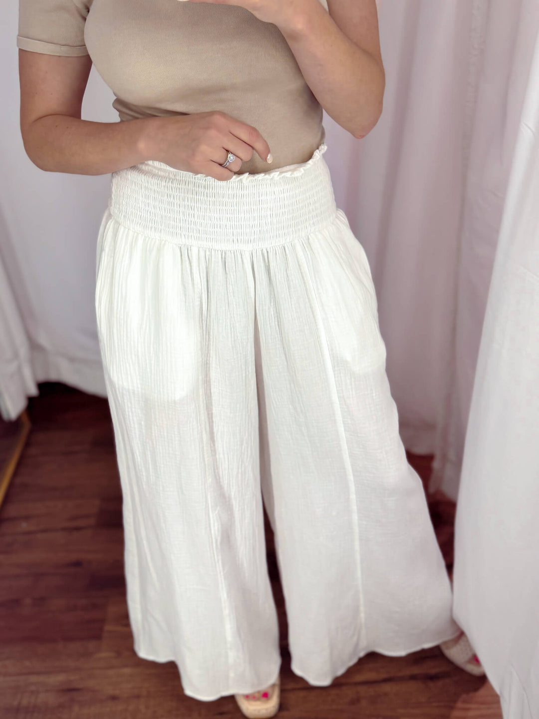 Smocked Waist Woven Cotton Pants