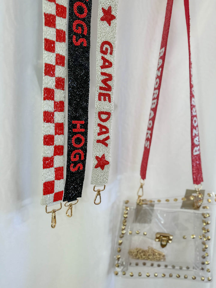 Checkered Red/White Beaded Bag Strap