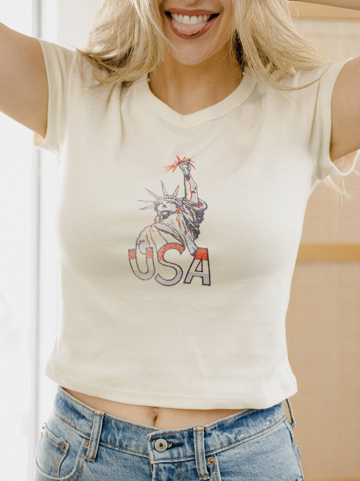 Miss Liberty USA Off White Micro Cropped Tee