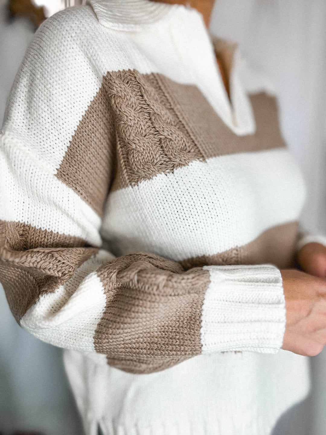 Collared Cable Knit Sweater in Beige