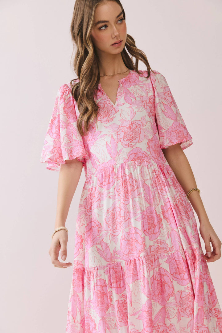 Pink Floral Tiered Baby Doll Midi Dress