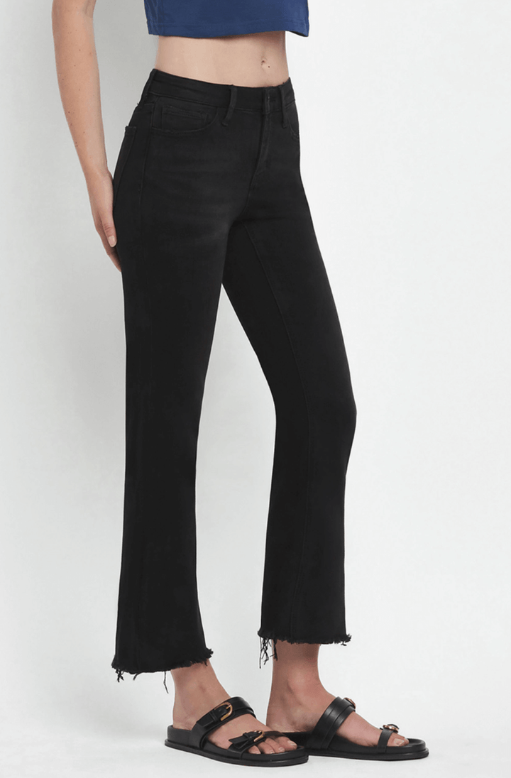 Mid Rise Raw Distressed Hem Crop Flare Jeans - Black (Grandeur)