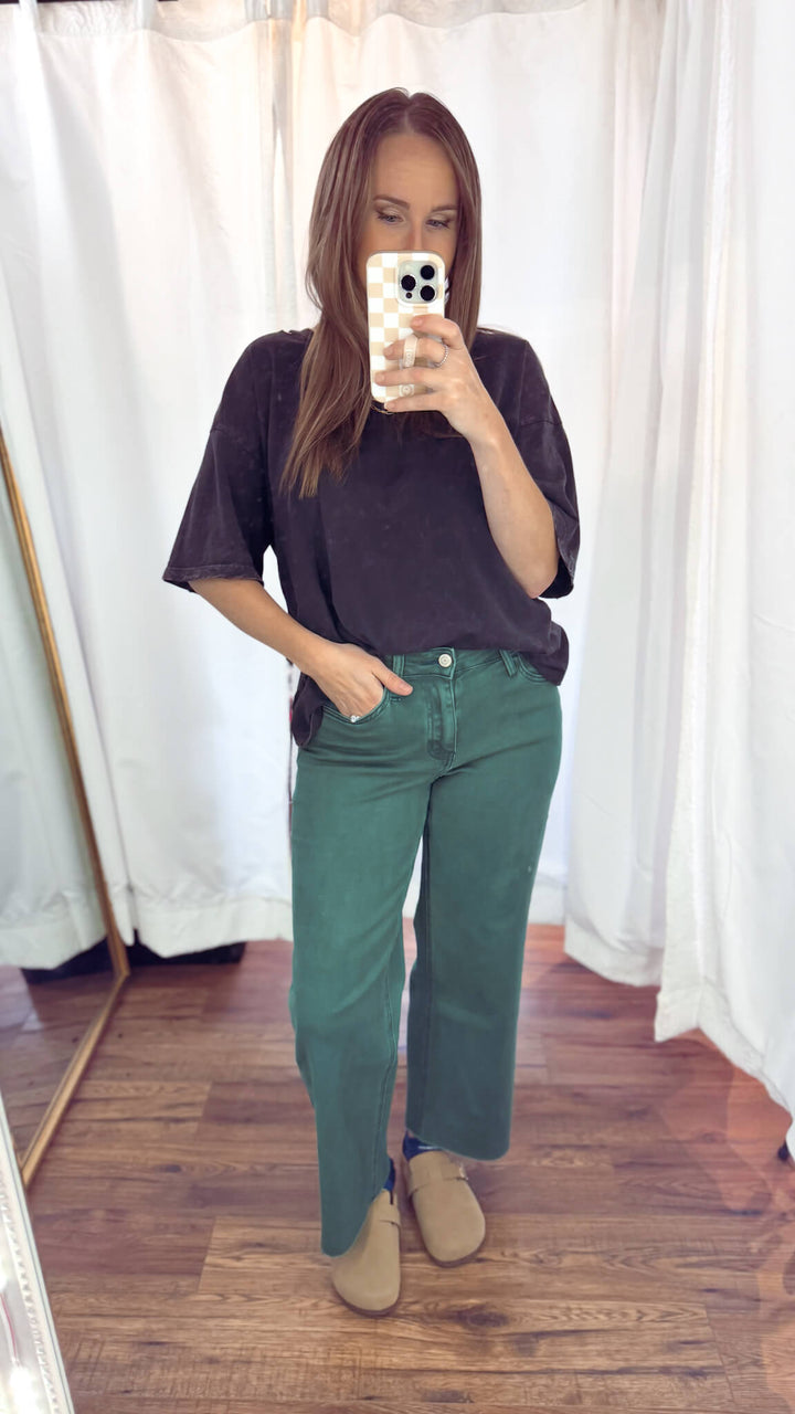 Green High Rise Crop Wide Leg Jeans