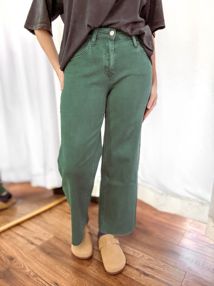 Green High Rise Crop Wide Leg Jeans