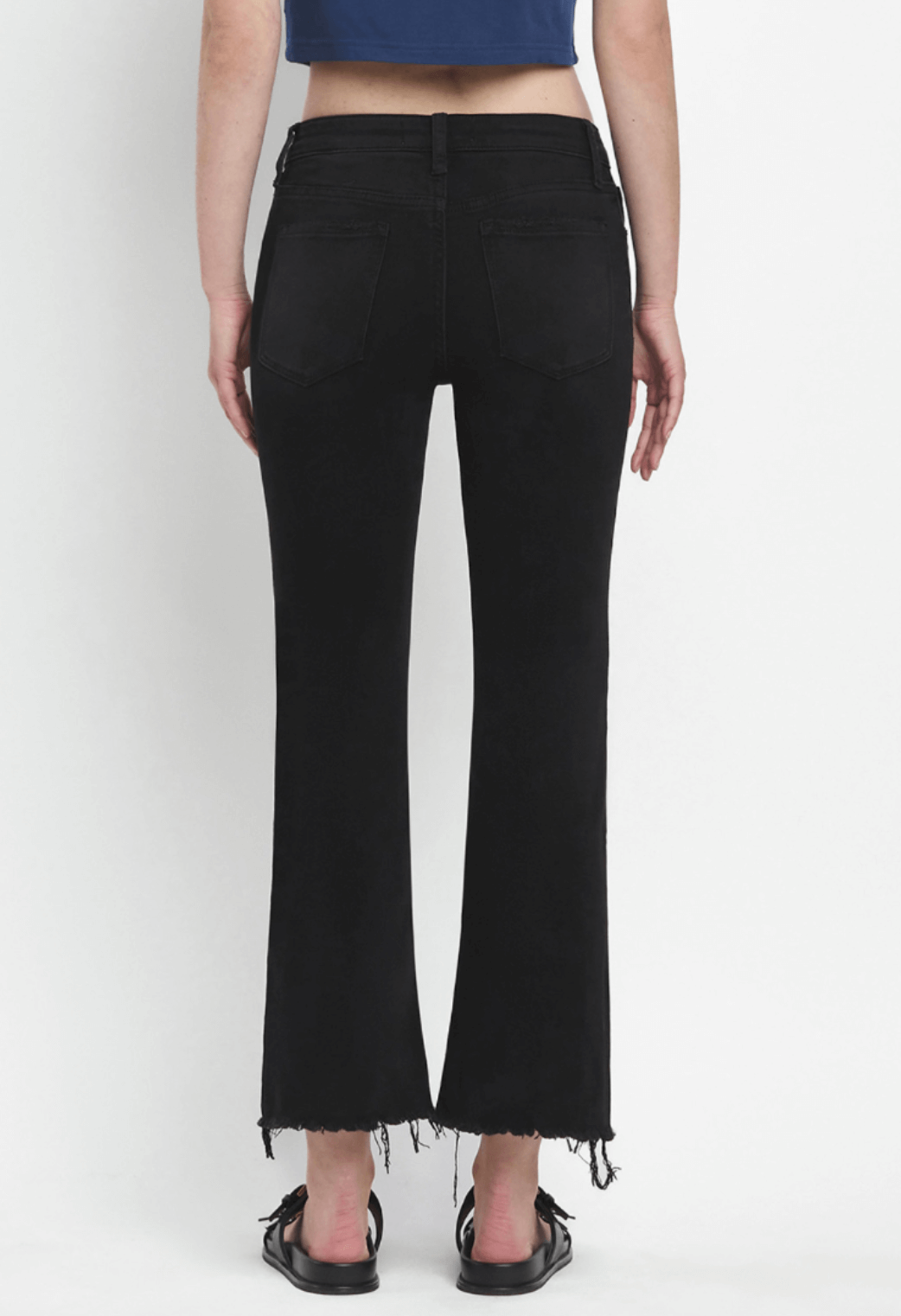 Mid Rise Raw Distressed Hem Crop Flare Jeans - Black (Grandeur)