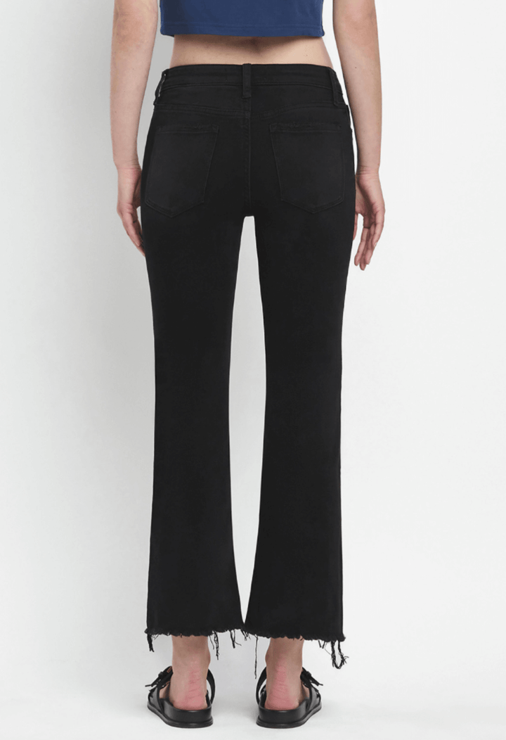 Mid Rise Raw Distressed Hem Crop Flare Jeans - Black (Grandeur)