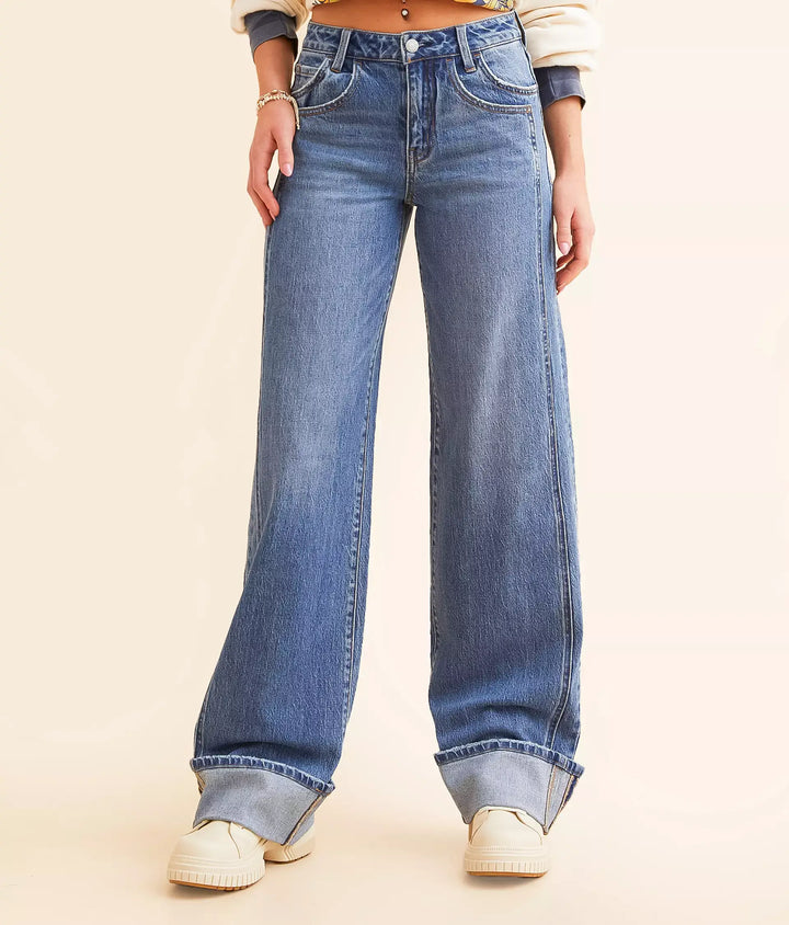 Kris High Rise Cuffed Baggy Wide Panel Jeans