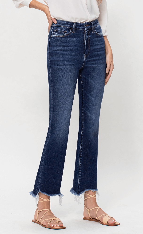 Bella High Rise Frayed Hem Ankle Flare Jeans