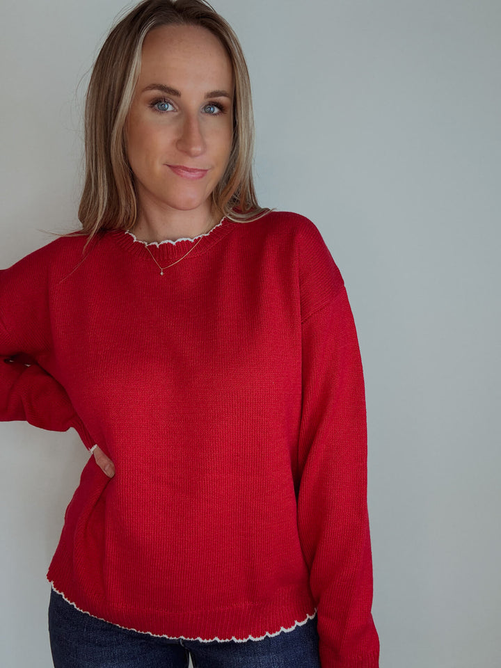 Red Scalloped Hem Sweater