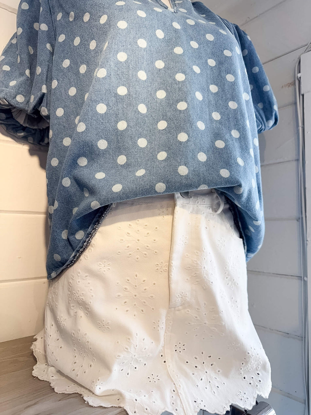 Blue polka dot shirt and white lace underwear on a white surface.