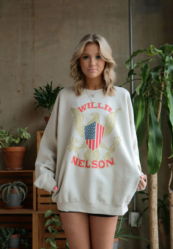 Willie Nelson Eagle Shield Sand Thrifted Graphic Sweatshirt