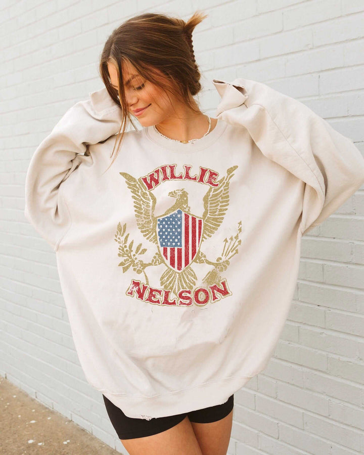 Willie Nelson Eagle Shield Sand Thrifted Graphic Sweatshirt