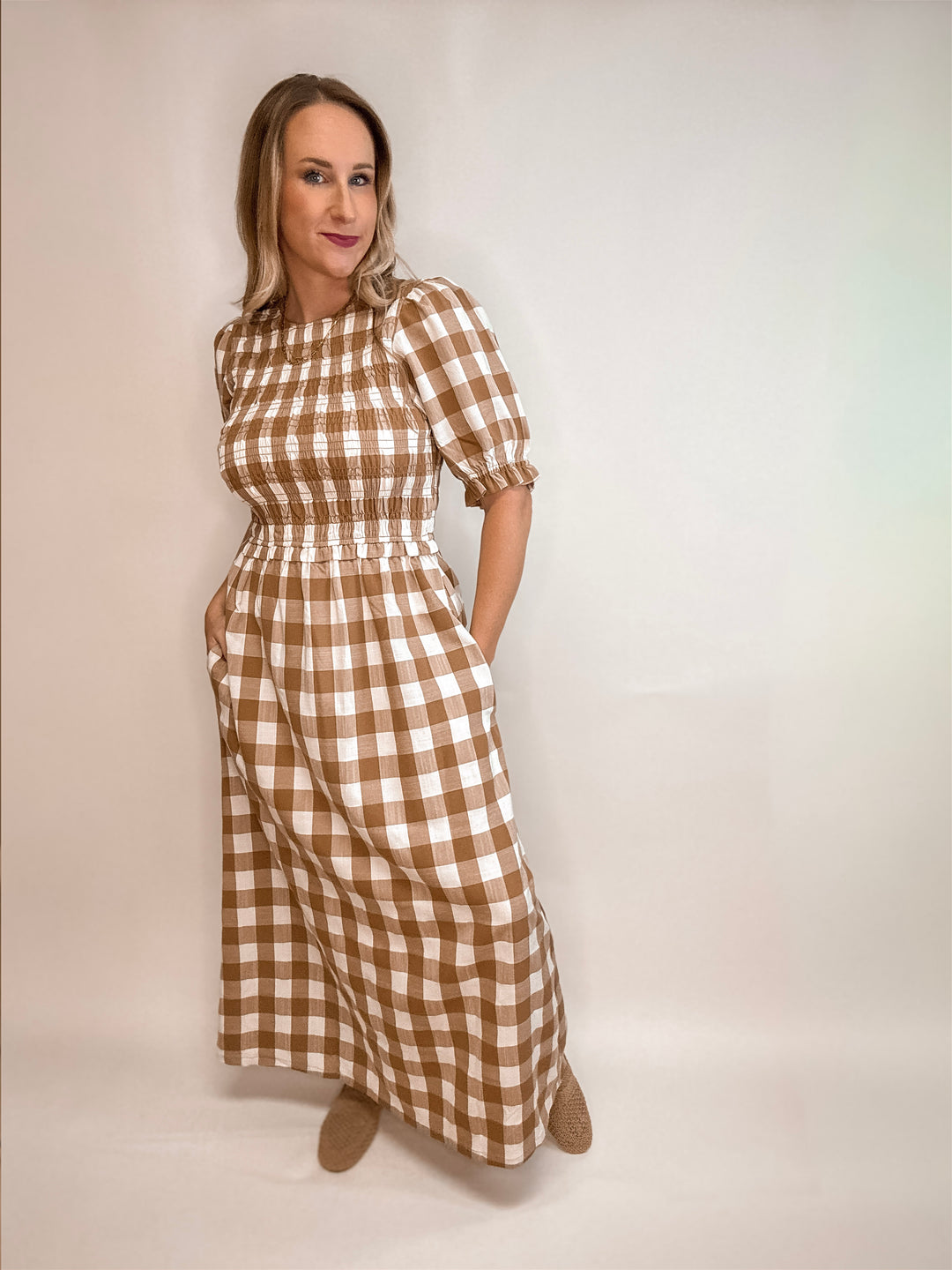 Matilda Plaid Smocked Pocketed Midi Dress