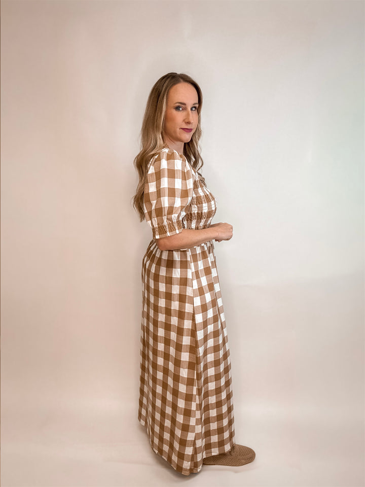 Matilda Plaid Smocked Pocketed Midi Dress