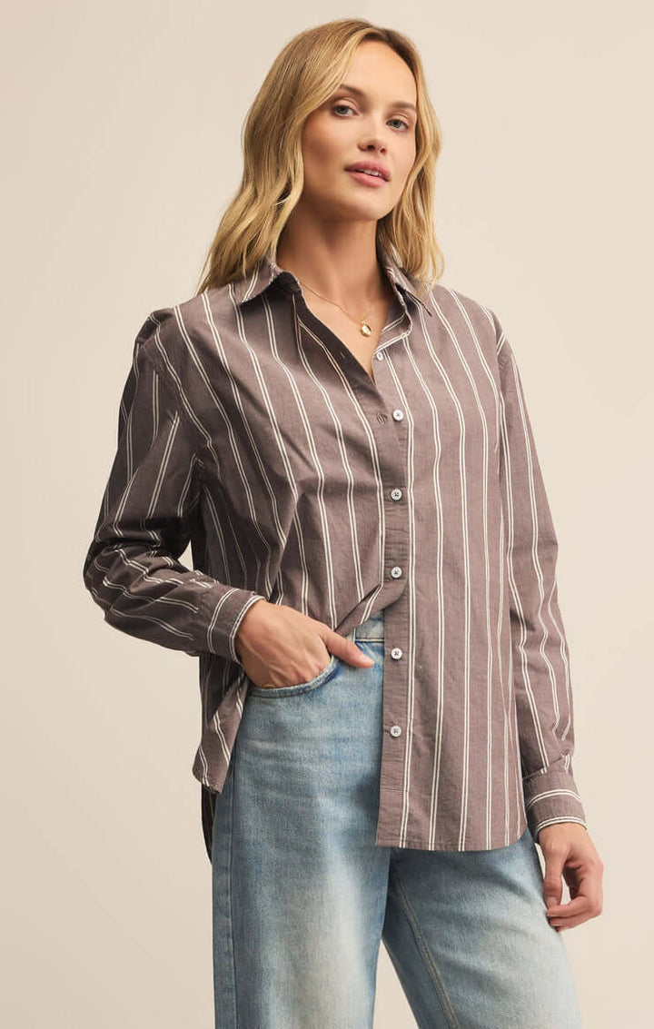 Z SUPPLY Seaport Striped Poplin Button Up Top - Sandalwood