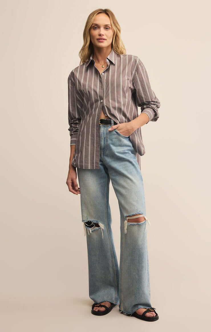 Z SUPPLY Seaport Striped Poplin Button Up Top - Sandalwood