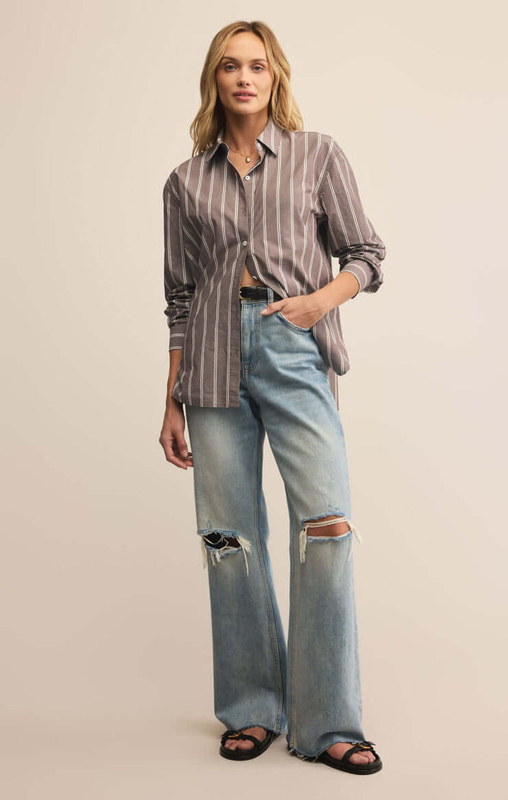 Z SUPPLY Seaport Striped Poplin Button Up Top - Sandalwood