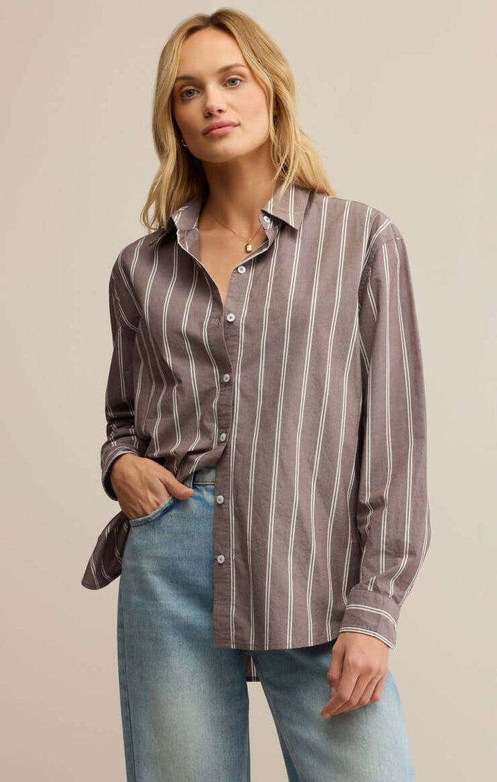 Z SUPPLY Seaport Striped Poplin Button Up Top - Sandalwood