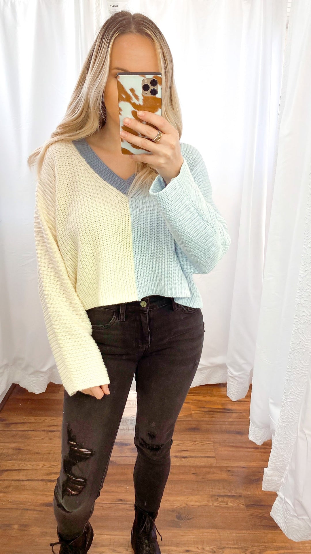 Blue Two Tone Crop Knit Sweater - Sweater