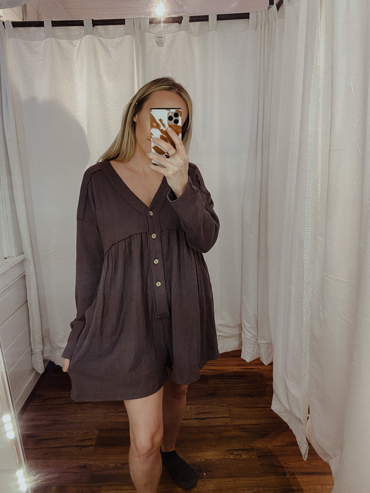 Charcoal Textured Button Down Romper - Rompers