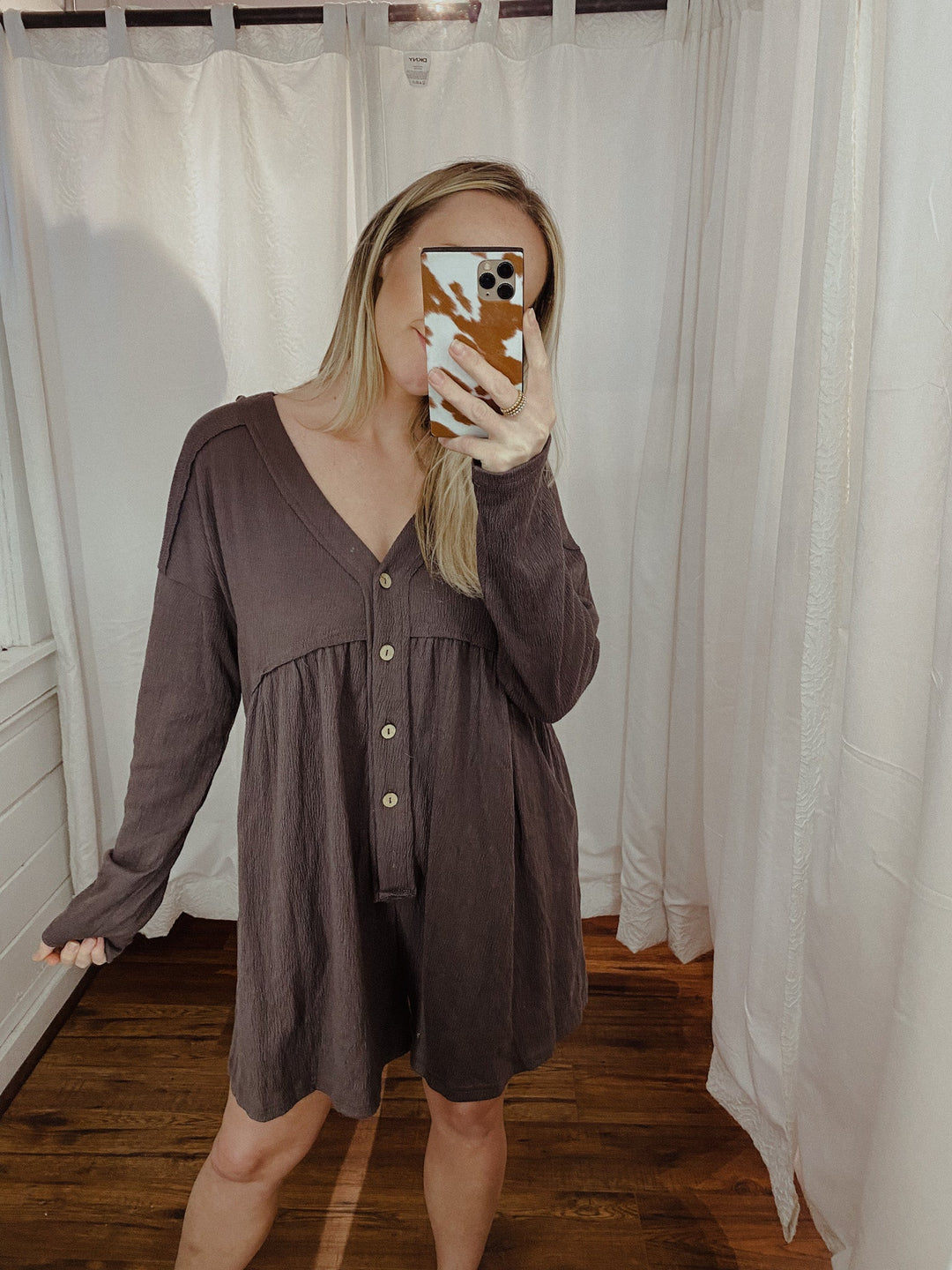 Charcoal Textured Button Down Romper - Rompers