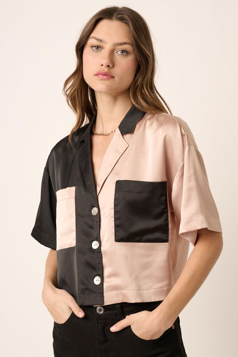 Color Block Short Sleeve Crop Button Up - Shirts & Tops