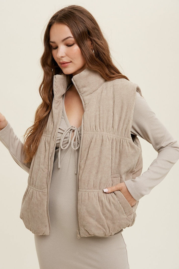 Corduroy Padded Pocketed Puffer Vest - Outerwear