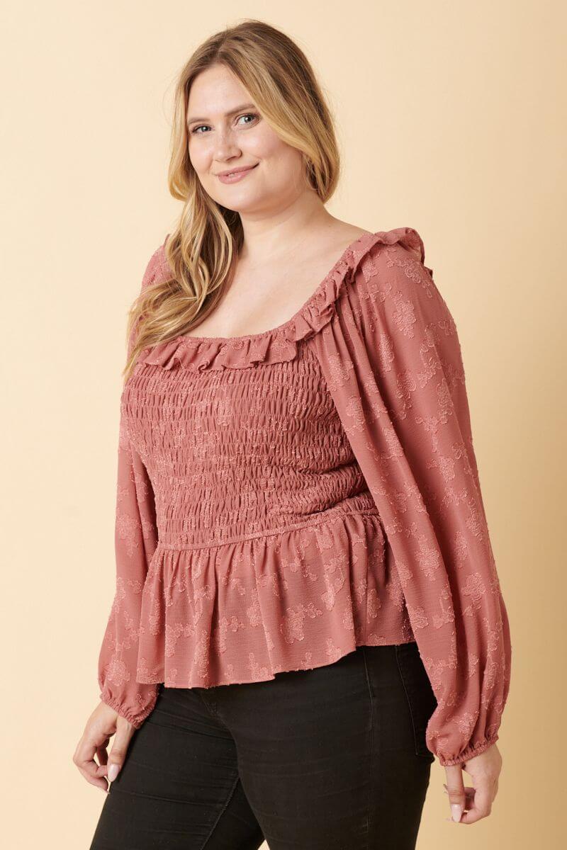 Curvy Mauve Smocked Blouse - Shirts & Tops