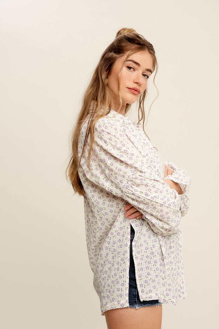 Ditsy Floral Print Oversized Linen Shirt - Top