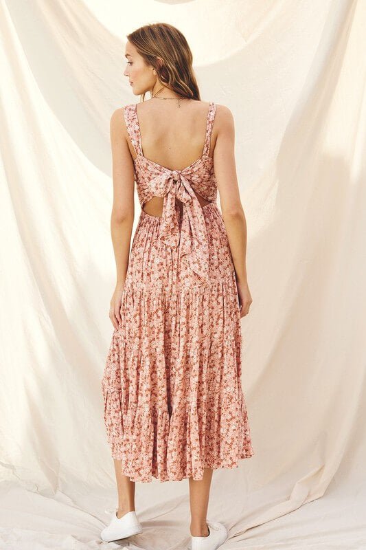 Feminine Blush Floral Midi Dress - Dress