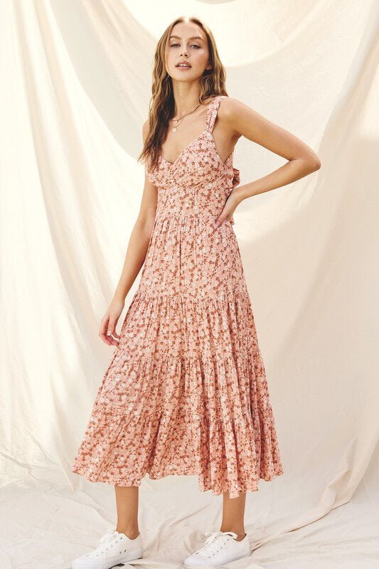 Feminine Blush Floral Midi Dress - Dress