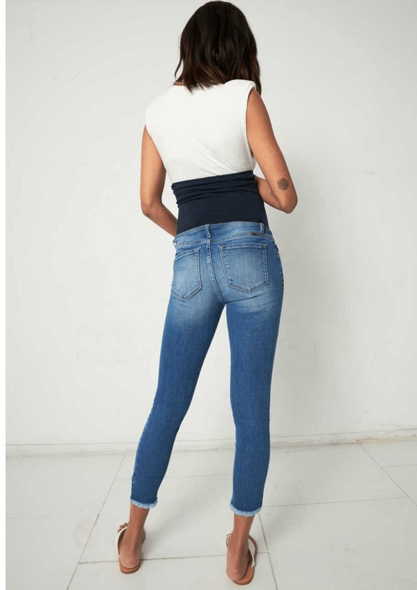 Full Band Maternity Patched Ankle Skinny Jeans - Denim