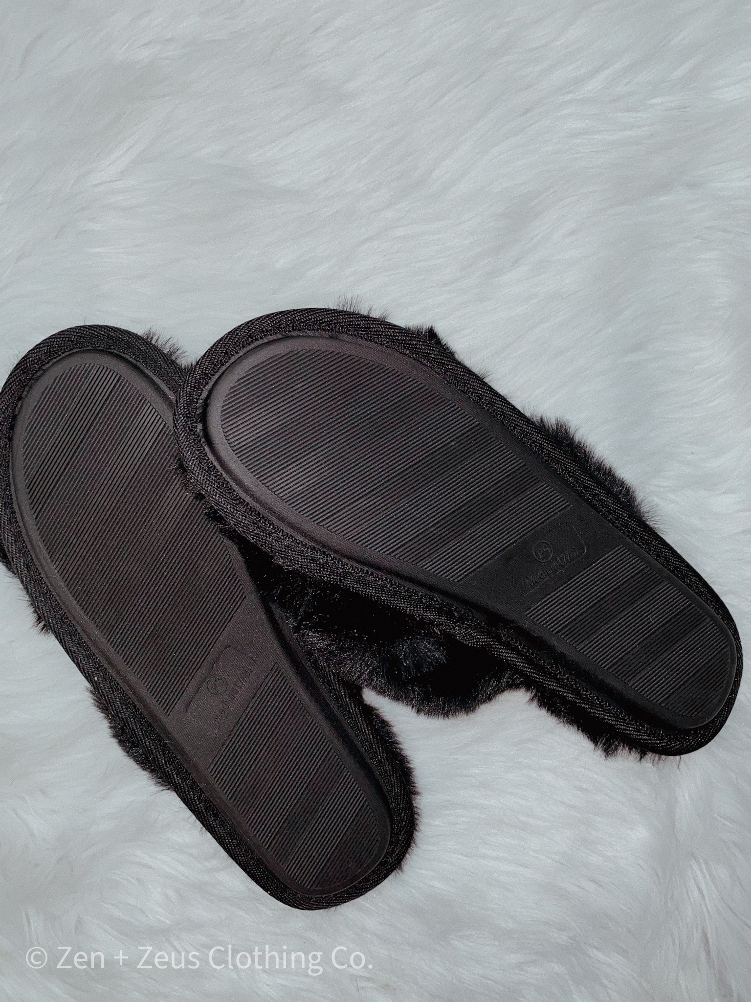 Fuzzy Cross Band Slide Slippers Zen Zeus Clothing Co