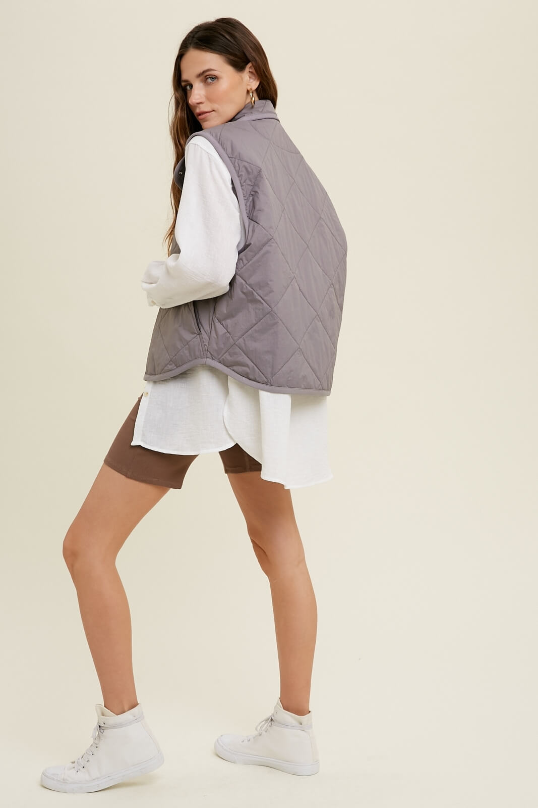 Grey Quilted Pocketed Vest - Outerwear